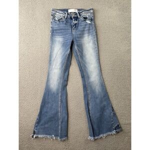 Bridge By Gly High Rise Flare Distressed Jeans Womens Size 24 Blue Patchwork